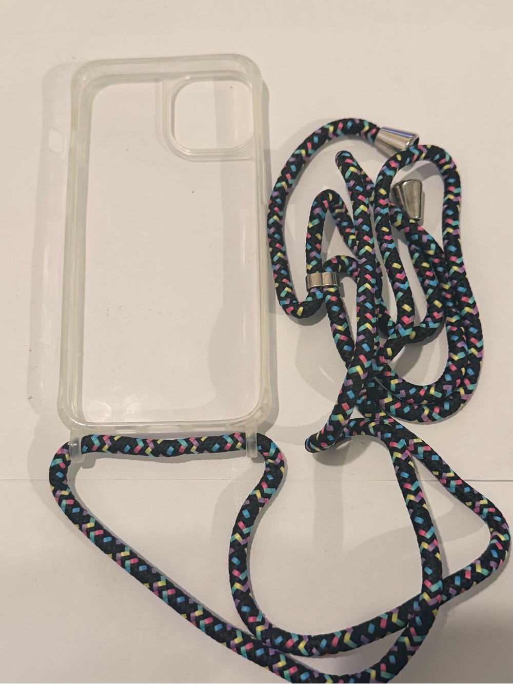 iPhone 14 Clear Phone Case with Black Multicolor Braided Strap - Universal